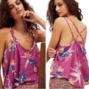 Free People Hey Girl Tank Floral Crisscross Back Plum Boho XS NWT
